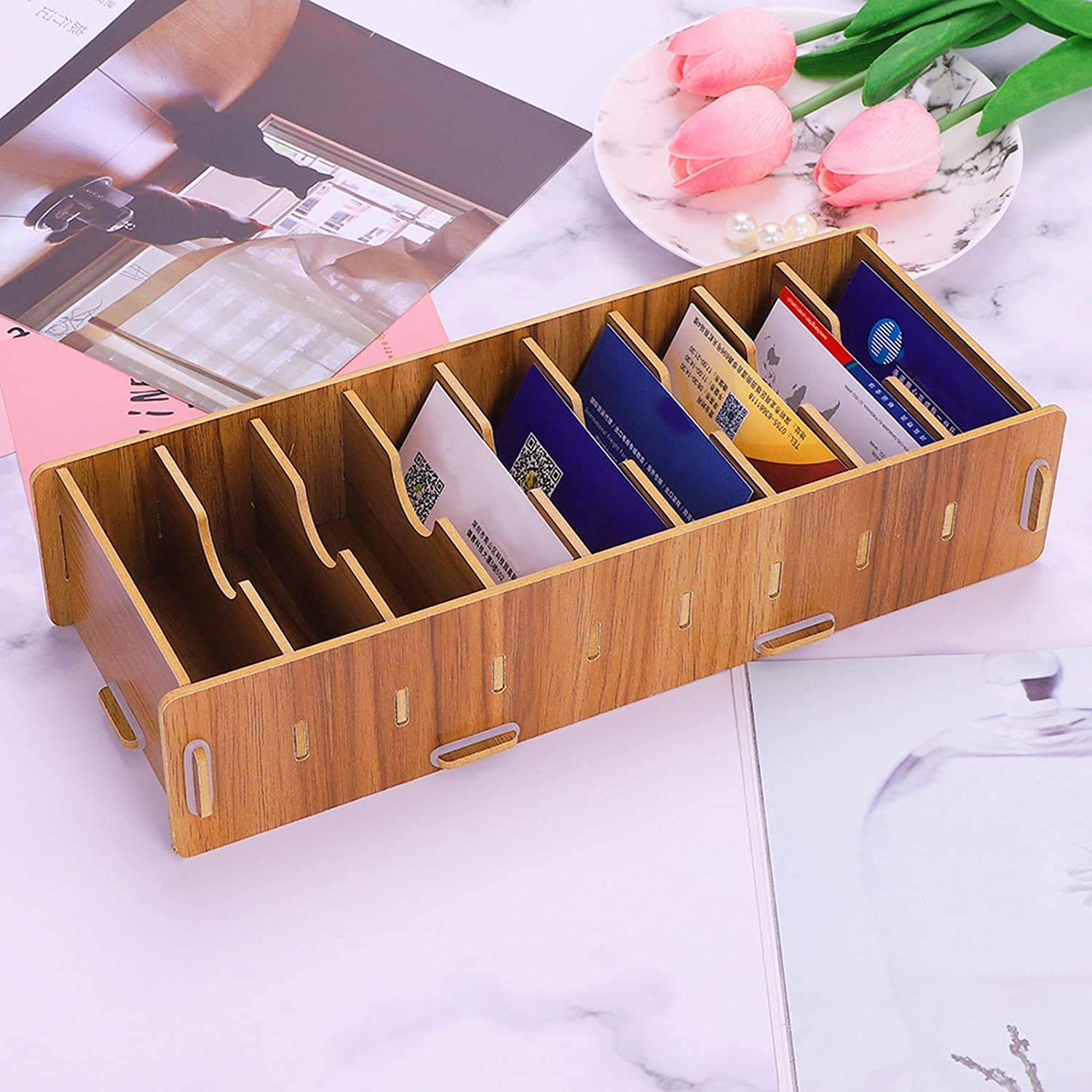 Desk Business Card Organizer Wood Business Card Stand Creative DIY Business Card Holder 9 Slot Name Card Display Desk Organizer for Office Hold 500 Business Cards