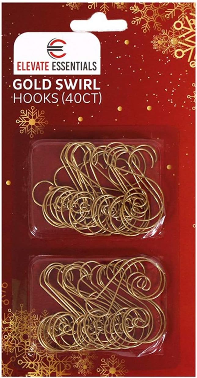 Ornament Hooks - Elevate Essentials Gold Swirl Hook, Gold S Ornament Hooks, Gold Decorative Ornament Hangers, Christmas Gold Ornament Hooks for Decoration, Metal Wire Hanging Hook, 40 ct
