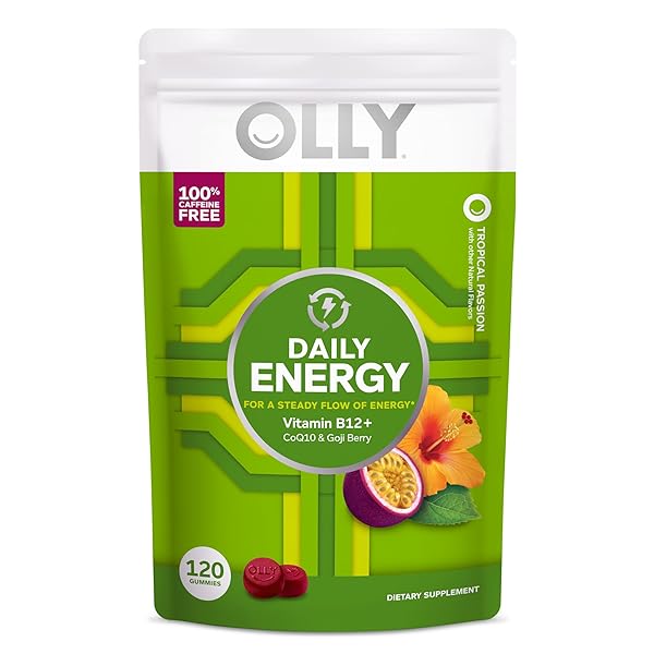 OLLY DAILY ENERGY GUMMY, CAFFEINE FREE, VITAMIN B12, COQ10, GOJI BERRY, ADULT CHEWABLE SUPPLEMENT, TROPICAL FLAVOR – 120 COUNT POUCH