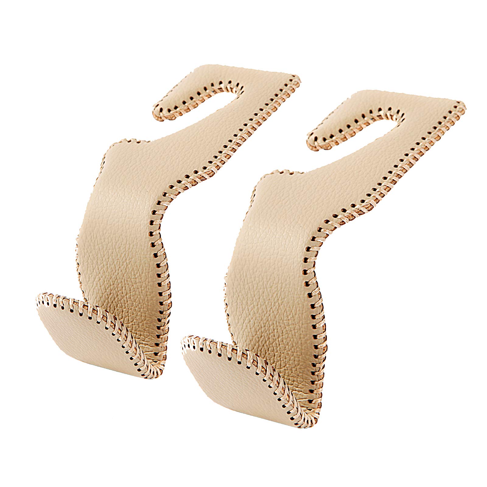 AMVOYOA Headrest Hooks for Purses and Bags, Car Back Seat Headrest Hanger Vehicle Beige Leather Storage Hook, Pack of 2