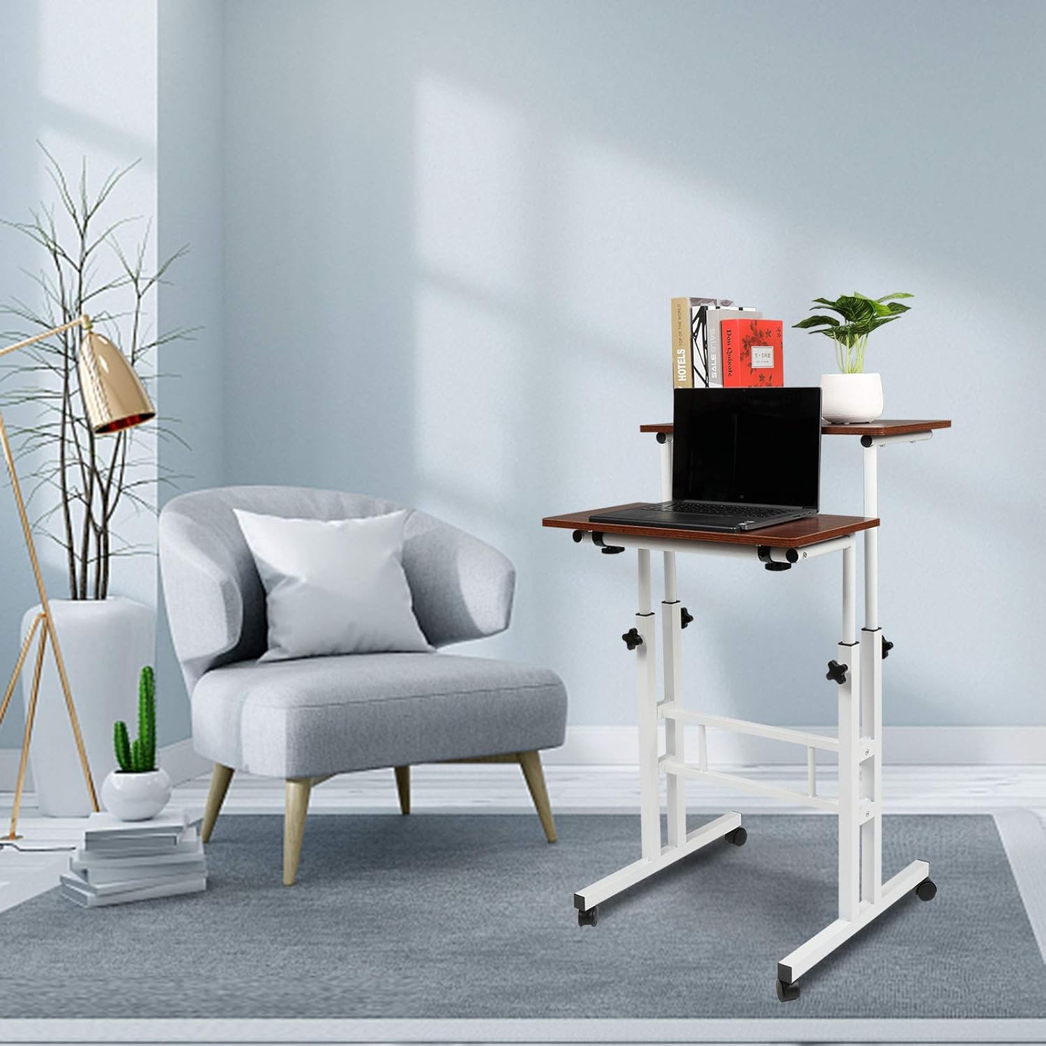 VINGLI Brown Mobile Standing Up Desk, Steel Frame with White Coating, Adjustable Wooden Laptop Desktop with Locking Wheels, Rolling Presentation Cart : Office Products