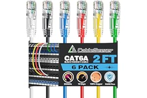 CableGeeker Cat6A Ethernet Patch Cable 2ft 6Pack 6-Color,High-Speed 10Gpbs, 550MHz Slim Patch Cables, 28AWG Flexiable Network