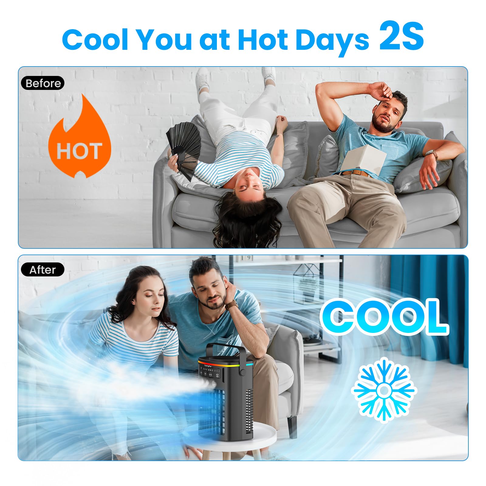 Portable Air Conditioners, Mini Air Conditioner Portable with Remote, 3 Speeds & 3 Mist, 2-8H Timer & 7 Light Evaporative Air Cooler, Personal Cooling Air Conditioner Fan for Bedroom Office Desk
