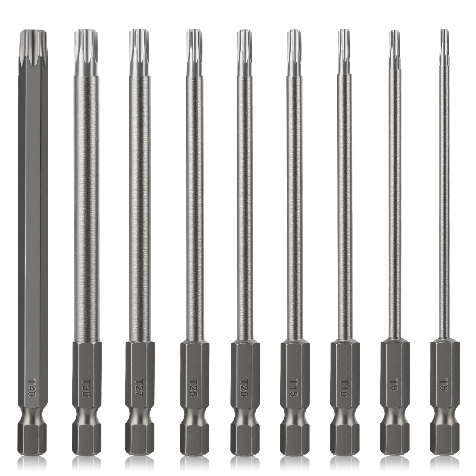 Torx Bit Set Hakkin 9Pcs 100mm Security Torx Screwdriver Bits S2 Steel 1/4” Hex Shank Magnetic Tamper Proof Security Torx Bits T6 T8 T10 T15 T20 T25 T27 T30 T40 for Impact Driver