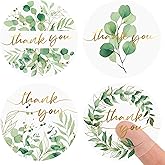 FYSUIMU 500 Pcs Greenery Gold Foil Thank You Stickers Clear Eucalyptus Leaves Seal Stickers Self-Adhesive Transparent Decals for Small Business Mail Packaging Wedding Birthday Baby Shower, 4 Designs