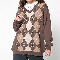 Women Y2K Argyle Striped Pullover Sweater Casual