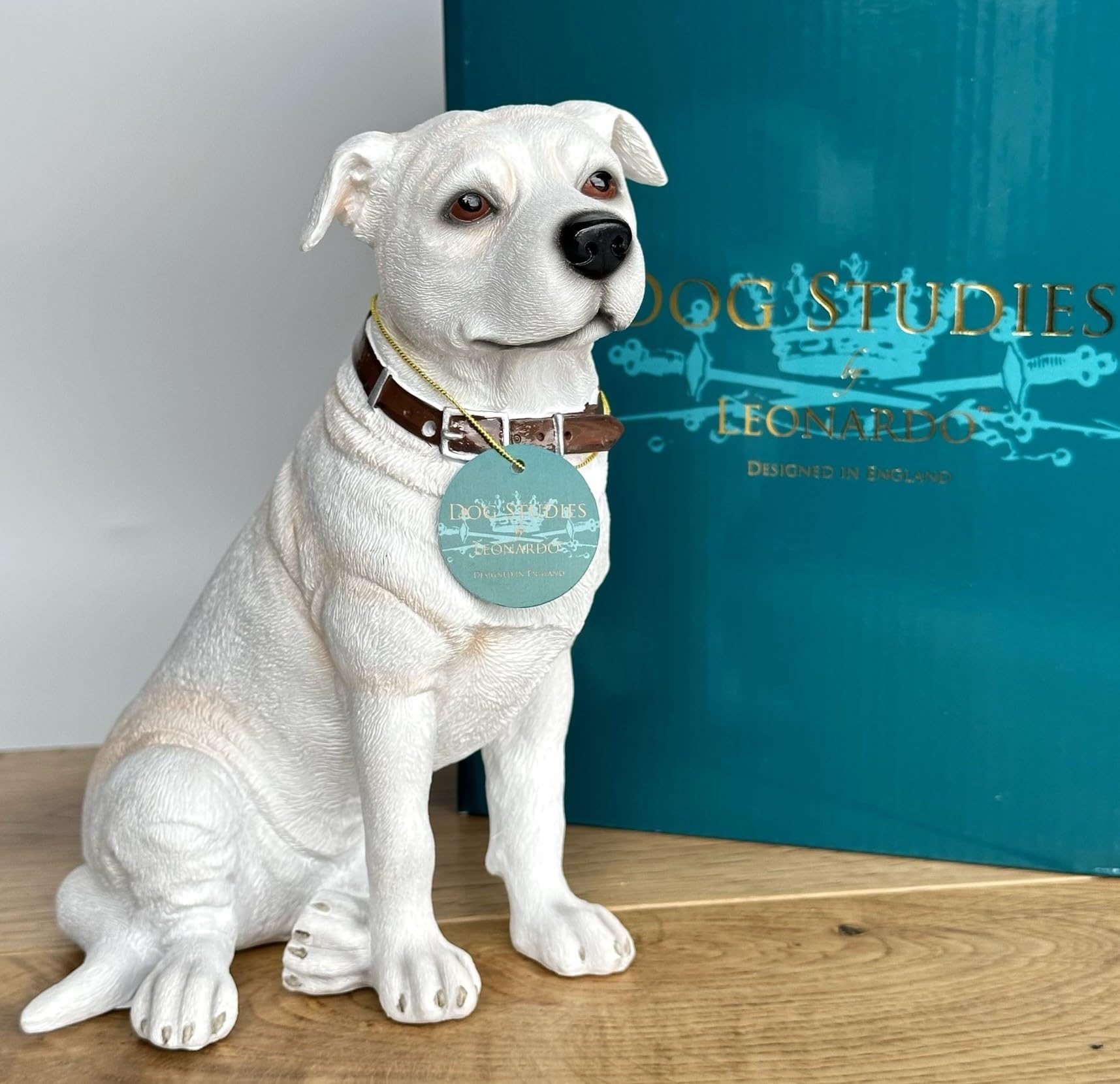 Animal Crackers White sitting Staffordshire Bull Terrier Staffy ornament 18cm high, Leonardo Dog studies range, gift boxed