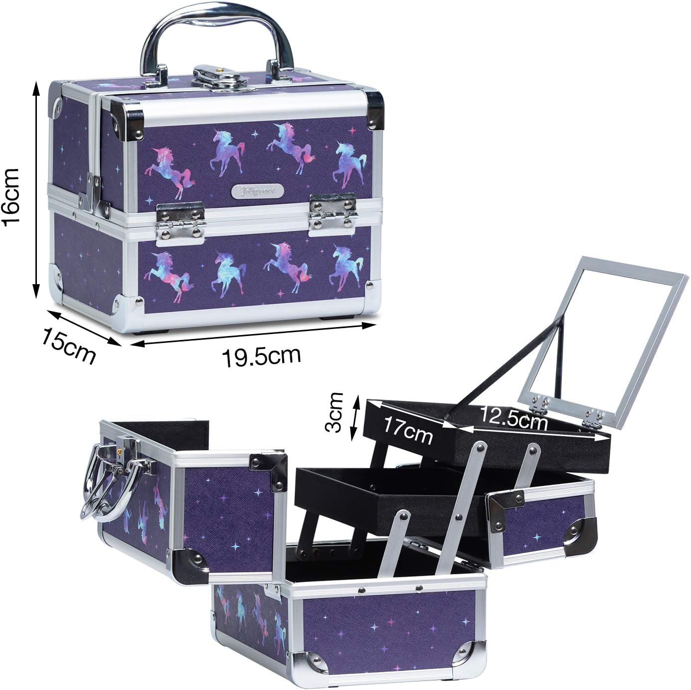 Joligrace Girls Makeup Box Unicorn Vanity Case with Mirror Lockable Makeup Case with Key Small Jewellery Organiser Box for Kids Size:19.5x15x16cm - Image 5