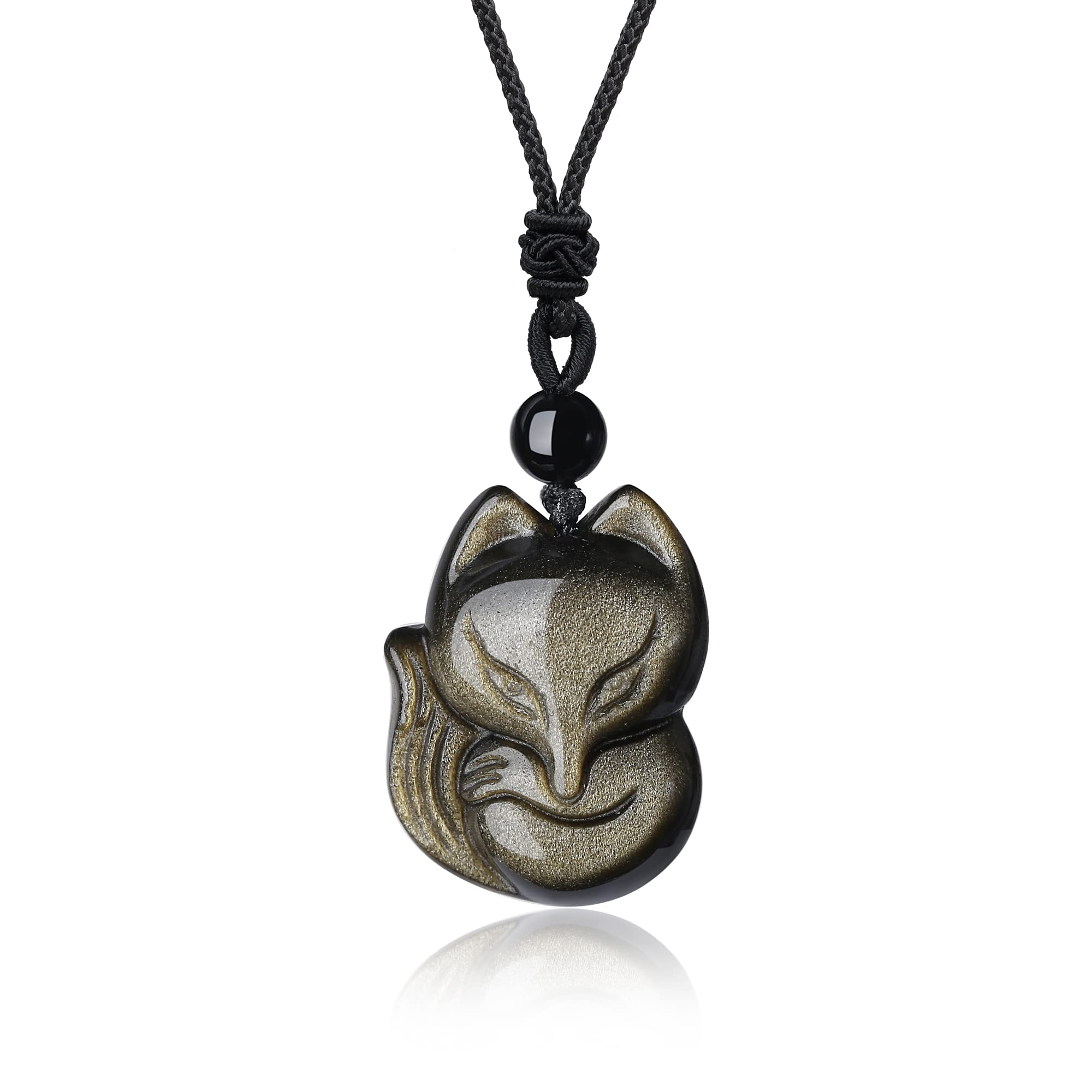 COAI Men's Women's Golden Sheen Obsidian Stone Fox Pendant Necklace