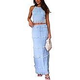 Two Piece Maxi Skirt Sets for Women Summer Ruffle Long Skirt and Tank Top Y2k 2 Piece Set Cocktail Vacation Outfits