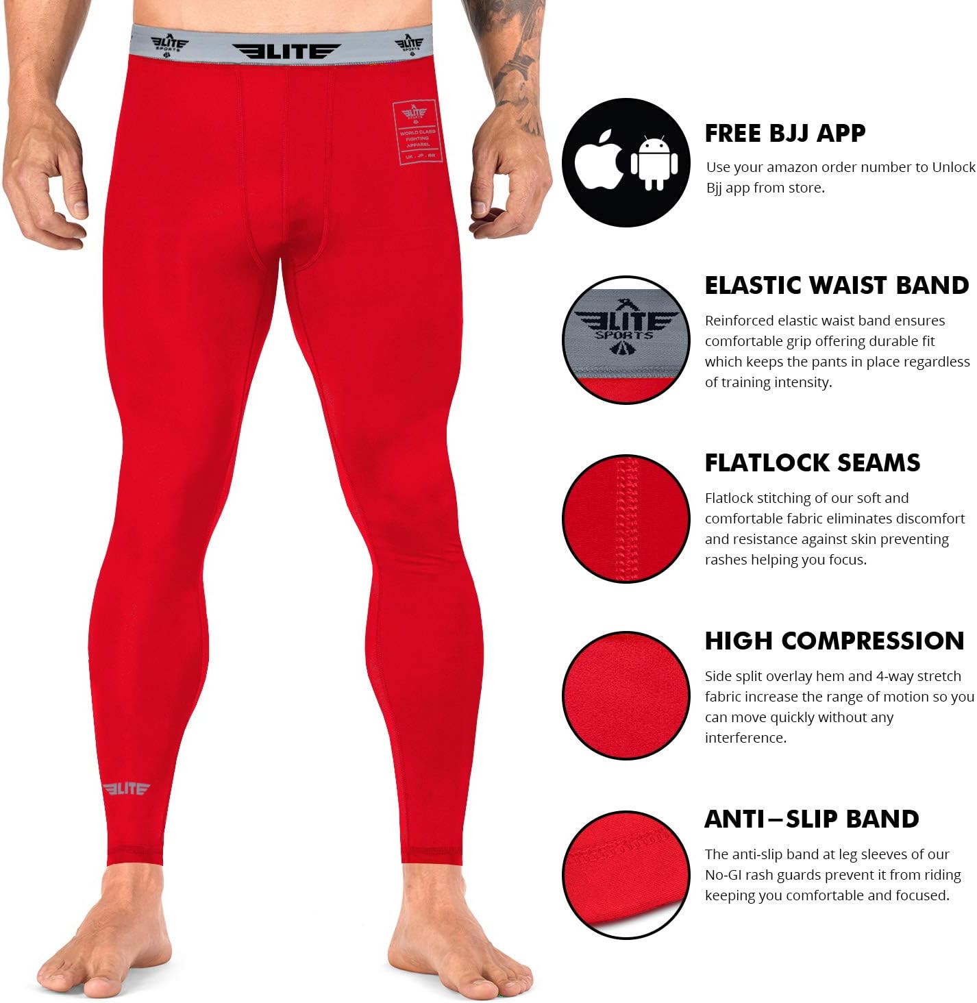 Elite Sports Men’s BJJ Spats Leggings Tights, Best Jiu Jitsu MMA no Gi spat Compression Pants for Men: Clothing