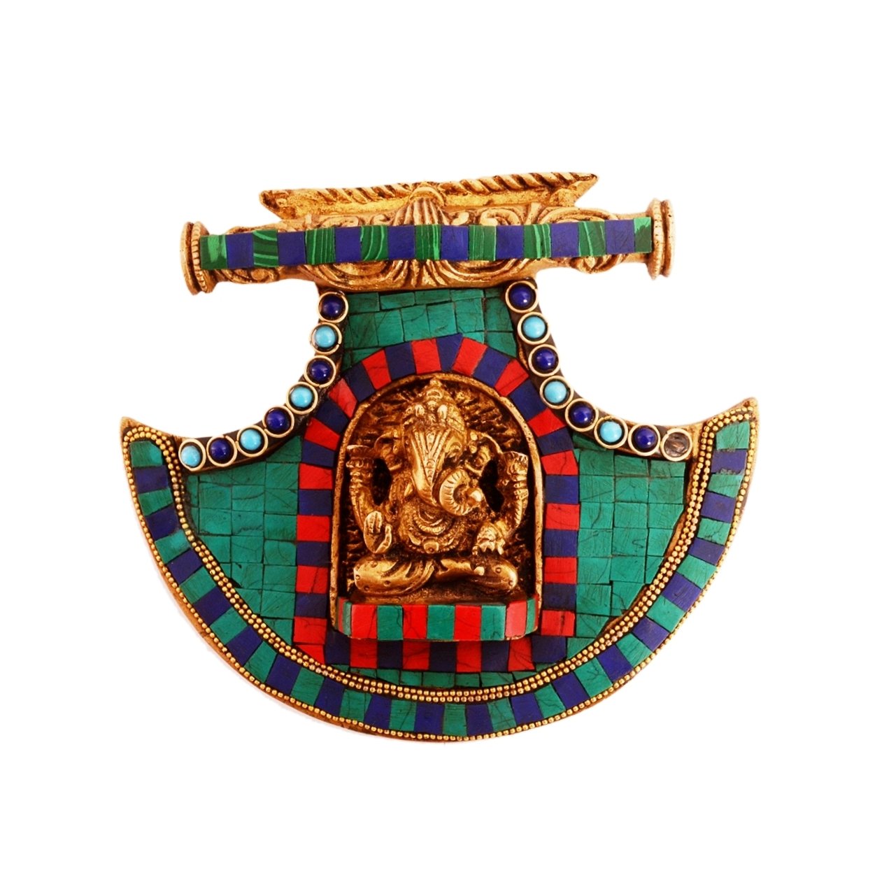 Purpledip Brass Wall Hanging Ganesha (Ganapathi/Vinayaka) Relief: Antique Fan Design Brass Statue With Gemstones (11090)