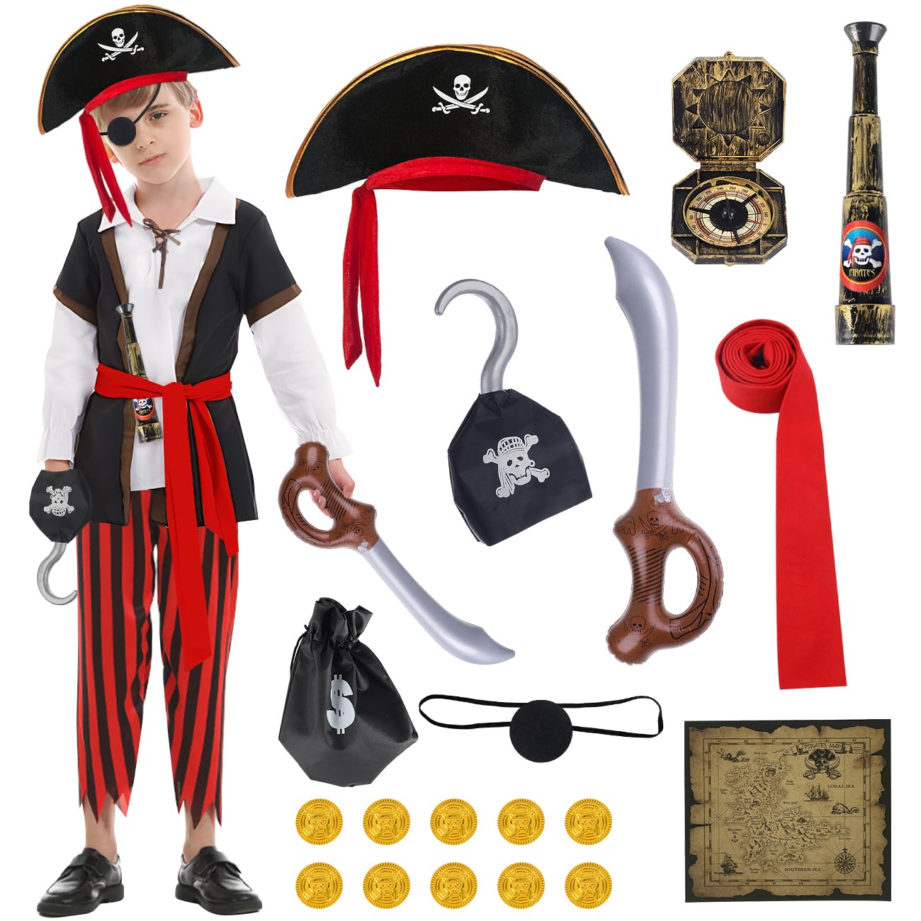 Kids Pirate Fancy Dress with Hat & Accessories - Boys Costume for Children's Birthday, Carnival, Halloween & Cosplay (L)