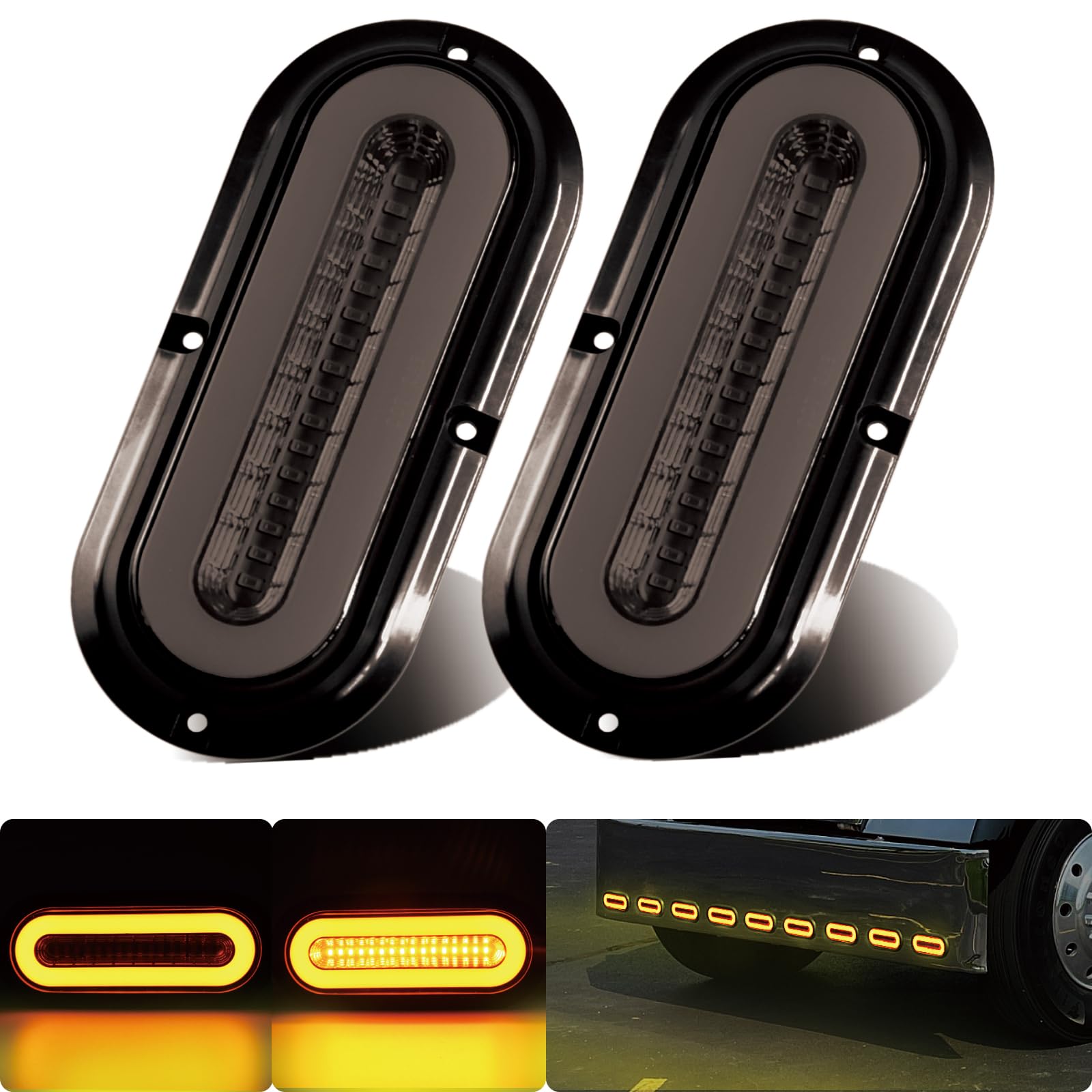 Photo 1 of WahMOTOTin 2Pcs 6" inch Smoked Lens Oval Amber Halo 52 LEDs Trailer Lights w/Flange Surface Mount Park Turn Signal Tail Indicator Marker Light?Patented? Submersible IP67 for Boat/Truck/RV/Van,DC12V