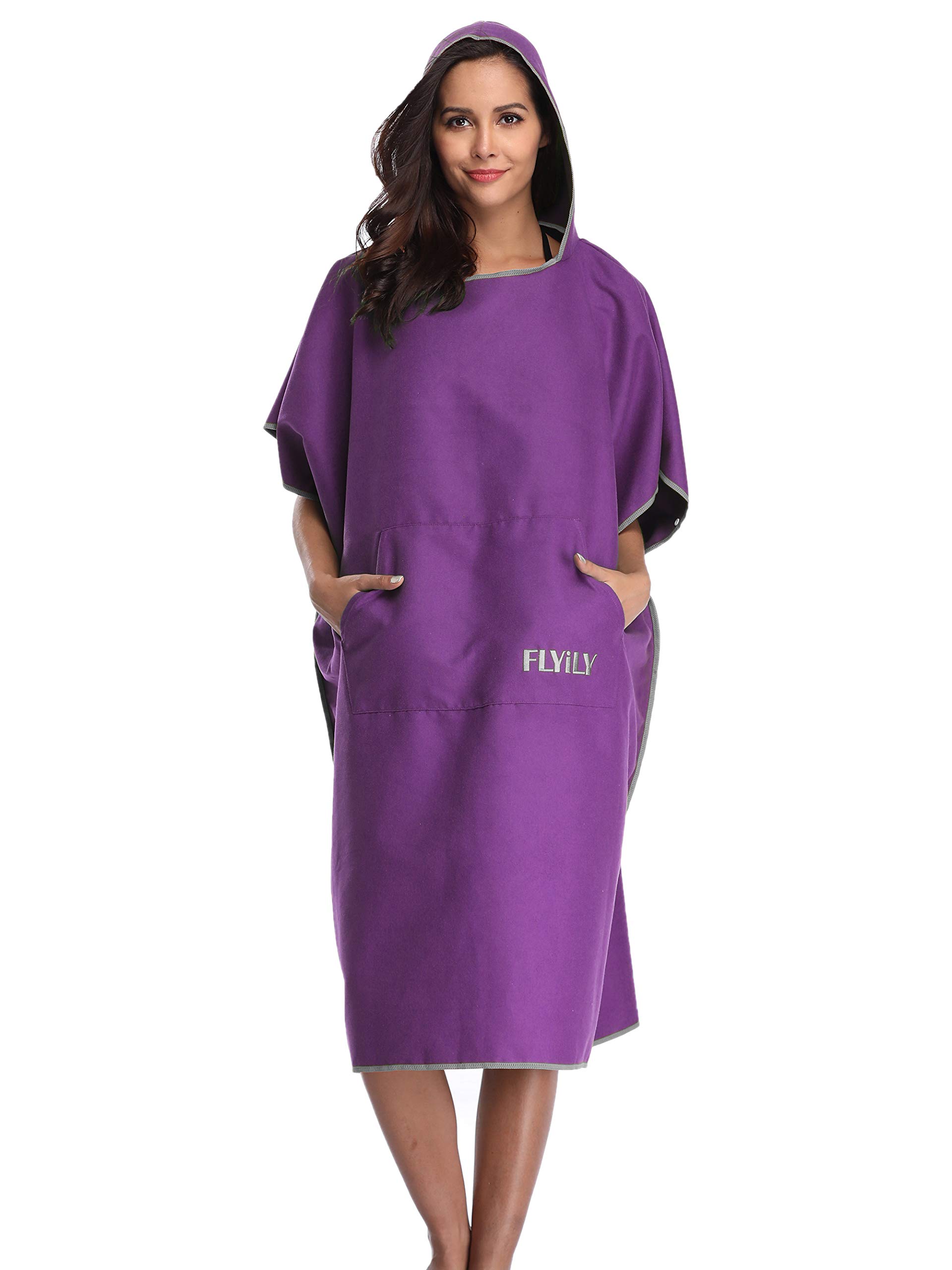 FLYILY Microfibre Surf Poncho Towel with Hood Bath Robe for swimming and beach changing One Size Fit All adults (Purple)