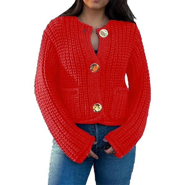 Women Y2K Open Front Button Down Crop Sweater Cardigan Chunky Knit