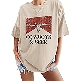 Pairxily Cowboy Beer Shirts for Women Oversized Western Rodeo Shirt Cowgirl Vintage Cow Skull Graphic Tees Country Music Tops