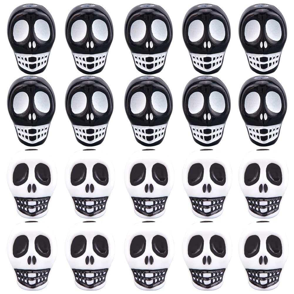 SUNNYCLUE 160Pcs Halloween Skull Bead Skeleton Beads Bulk 13mm White Black Acrylic Holiday Skulls Shaped Skeletons Heads Mini Spacer Charm Beads for Bracelet Jewellery Making Necklace DIY Craft Supply