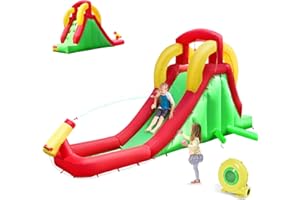 HONEY JOY Inflatable Water Slide, Giant Water Park Bounce House w/Climbing & Long Slide, Water Canons, Hose, Blow Up Water Sl