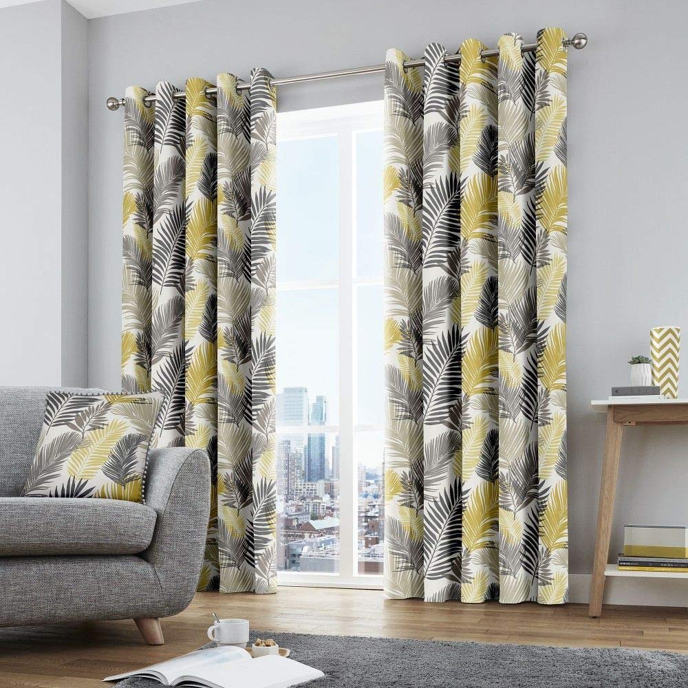 Fusion - Tropical - 100% Cotton Pair of Eyelet Curtains - 66" Width x 54" Drop (168 x 137cm) in Ochre