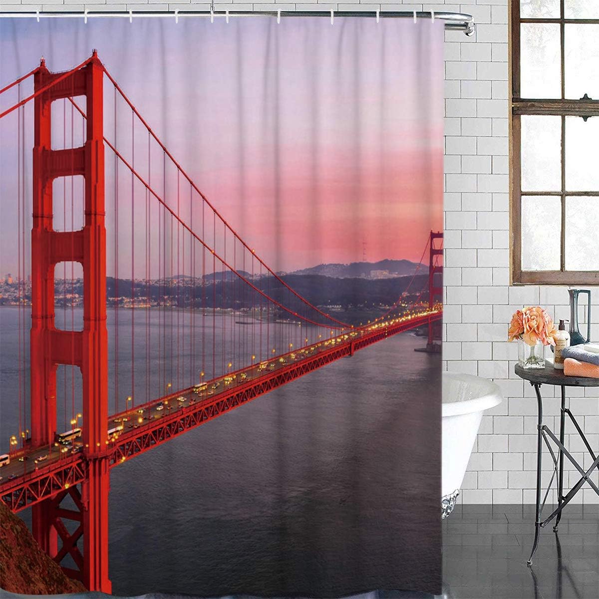 wanxinfu Shower Curtain Polyester Fabric Bathroom Curtain Set with Hooks Bath Decor Set Waterproof Personalized Customization Curtains, Red Golden Gate Bridge Dusk 72" x 72"