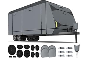 RVMasking 7 Layers top RV Travel Trailer Cover Fits 18'1"-20' Motorhome - Heavy Duty Windproof Rip-Stop Anti-UV with 4 Tire Covers & Tongue Jack Cover
