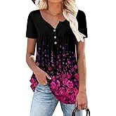 ROSELINLIN Women's Short Sleeve Shirts Floral Summer Tops Loose Fit for Leggings