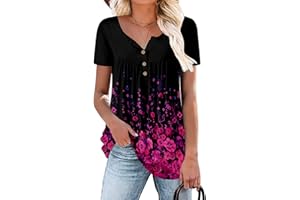 ROSELINLIN Women's Short Sleeve Shirts Floral Summer Tops Loose Fit for Leggings