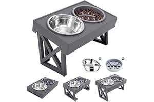 MDEHOPET Elevated Dog Bowls Adjustable Raised Dog Bowl with 2 Stainless Steel with Slow Feeder Bowl Dog Food Bowls Stand Non-Slip No Spill Dog Dish Adjusts to 3 Heights for Small Medium Large Dogs and Cats
