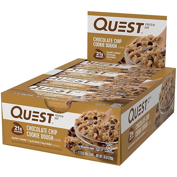 QUEST NUTRITION CHOCOLATE CHIP COOKIE DOUGH PROTEIN BARS, HIGH PROTEIN, LOW CARB, GLUTEN FREE, KETO FRIENDLY, 12 COUNT