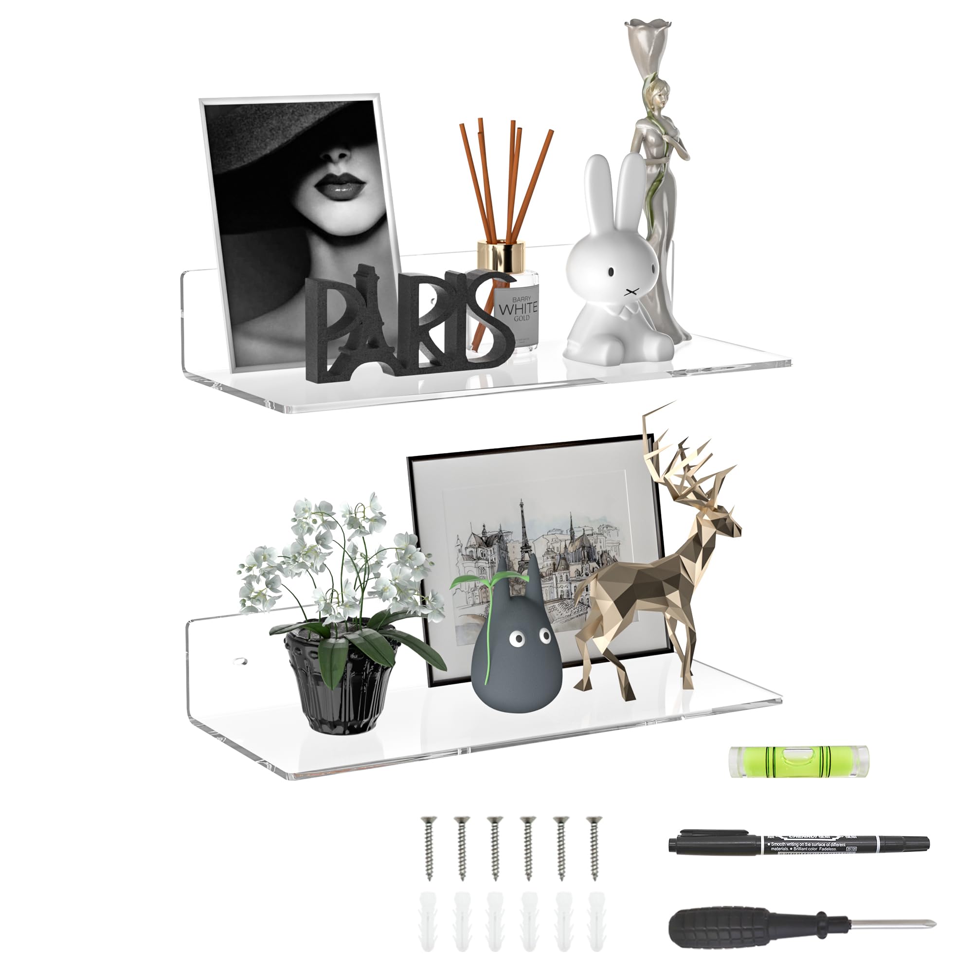 Sezanrpt 15 Inches Clear Acrylic Shelves, Wall Mounted Shelves for Bedroom, Wall Display Shelves for Collectibles, Funko Pop, Speaker, Plants, 2 Pack