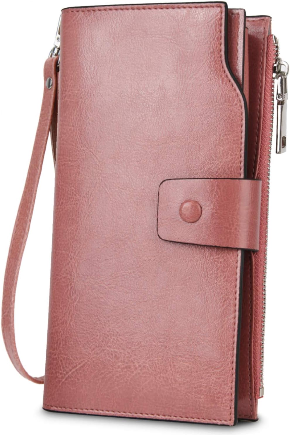 RFID Blocking Genuine Leather Phone Wallet for Women 21 Card Slots Purse Clutch Envelope Silver Zip Coin Pocket Pink