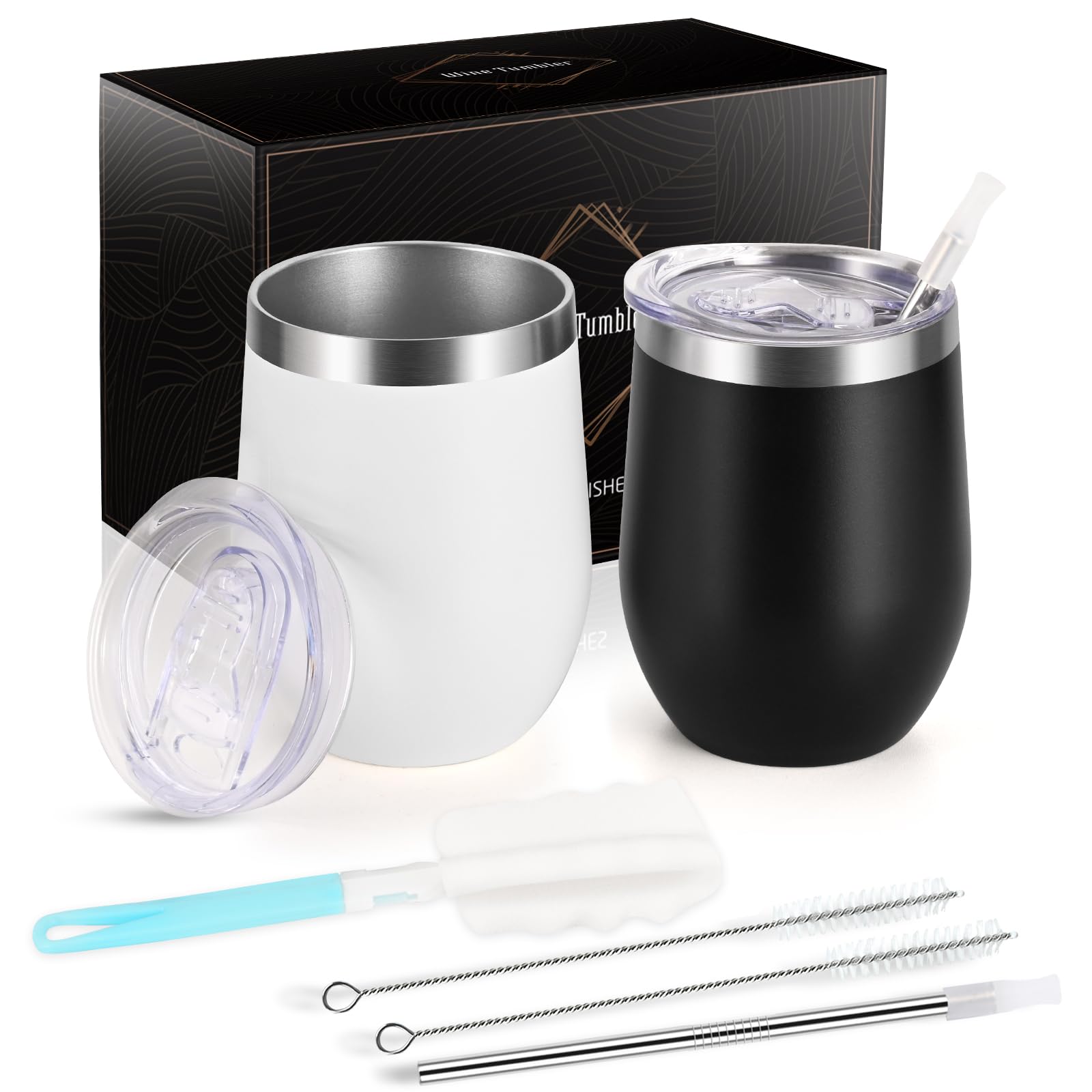 Joymaking 12oz Reusable Coffee Cup, 2 Pack Double Walled -Insulated Travel Mug Vacuum Stainless Steel Wine Tumbler with Spill Proof Lid, Great for Coffee, Tea, Milk and Wine, Black White