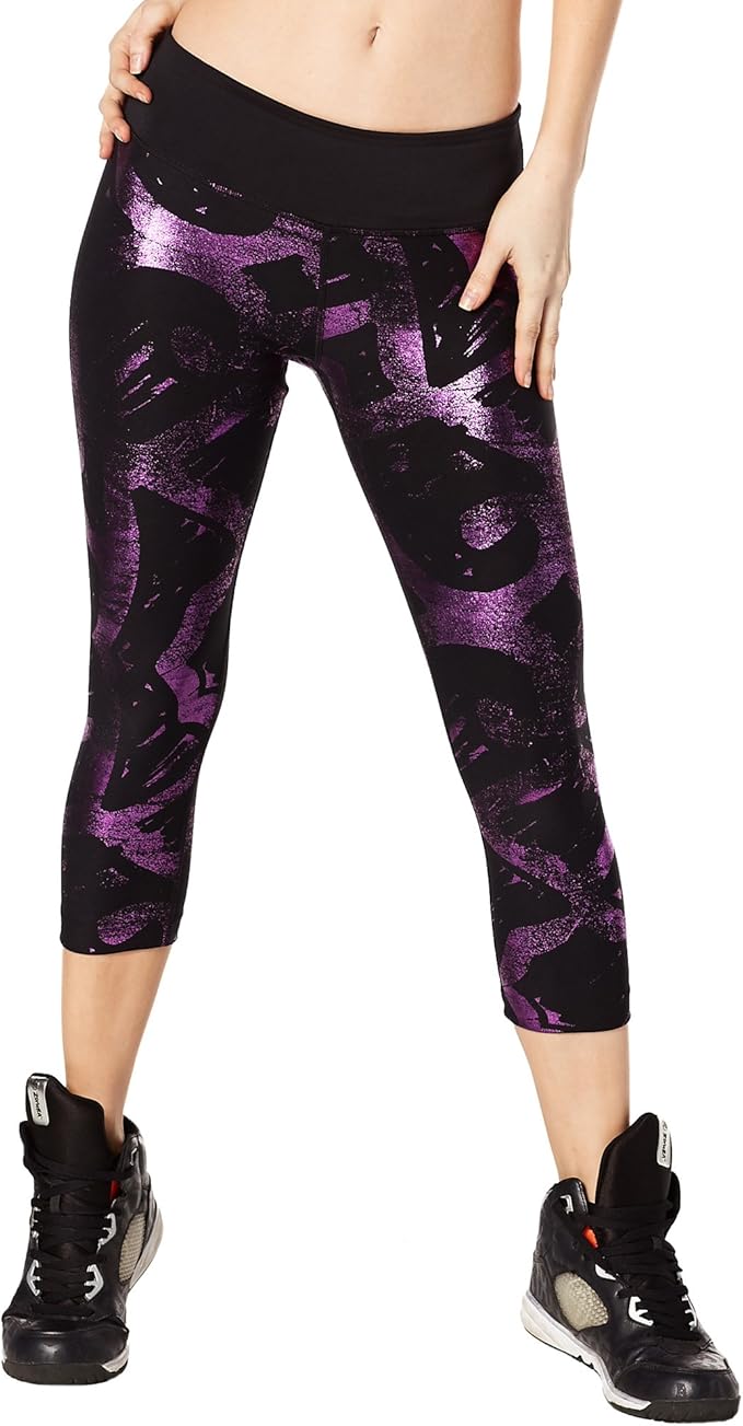 Zumba Metallic Print Capri Leggings Fitness Compression Dance Workout