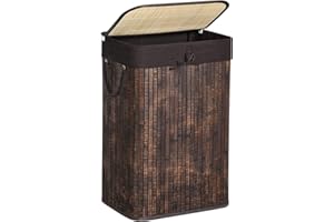 SONGMICS Laundry Hamper with Lid, Bamboo Laundry Basket with Liner Bag, Foldable Storage Hamper with Handles in Bedroom Closet Laundry, 72L, Rustic Brown ULCB10WN