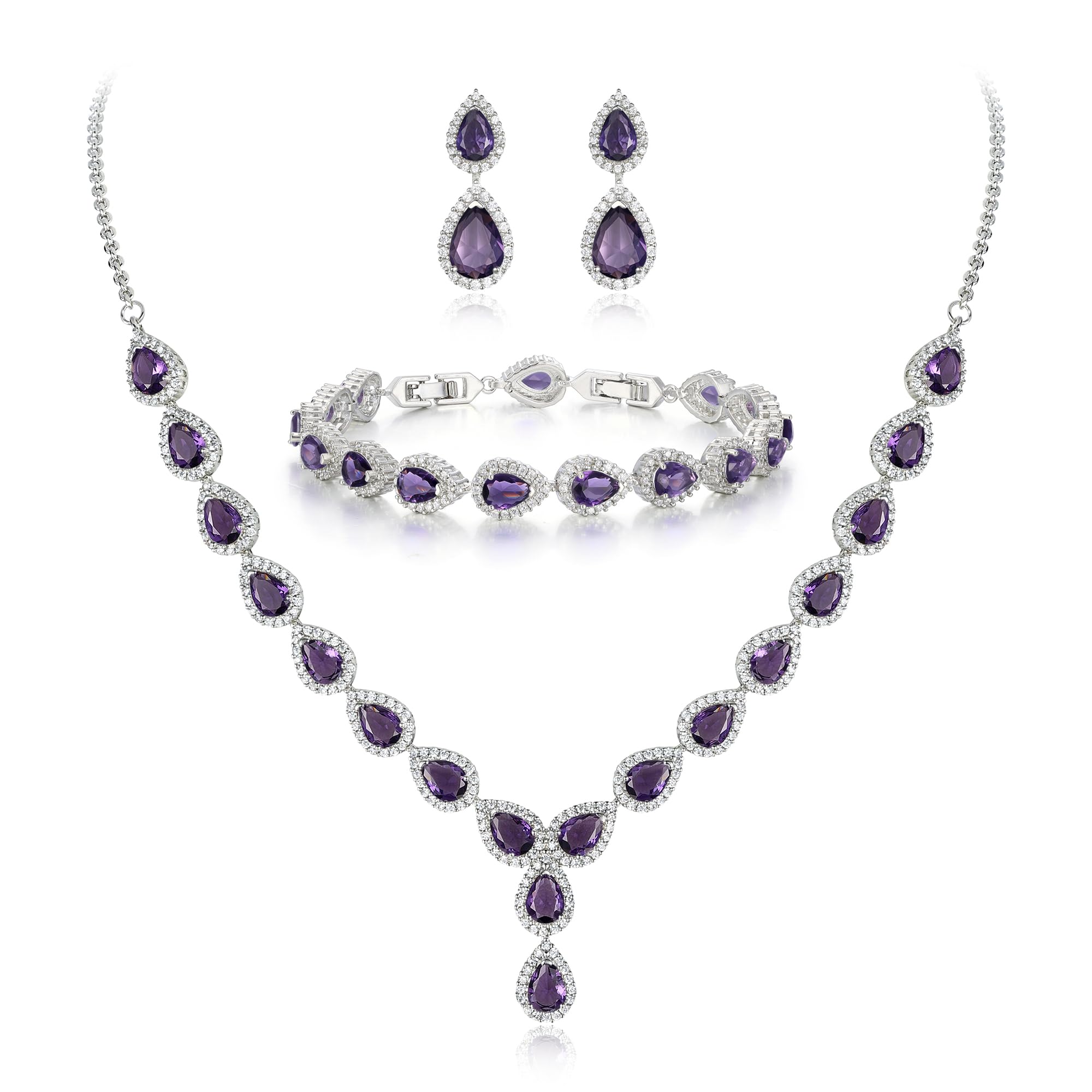Clearine Women's Wedding Bridal Teardrop CZ Infinity Figure 8 Y-Necklace Tennis Bracelet Dangle Earrings Set Amethyst Color Silver-Tone