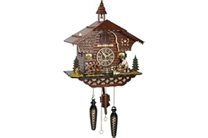 Trenkle Quartz Cuckoo Clock Black Forest House with Moving Wood Chopper and Mill Wheel, with Music TU 4217 QM