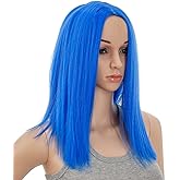 SWACC 14-Inch Short Straight Middle Part Hair Wig Medium Length Synthetic Heat Resistant Wigs for Women with Wig Cap (Blue)