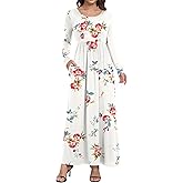 HAOMEILI Women's Casual Loose Pocket Long Dress Long Sleeve Floral Print Maxi Dresses S Print White