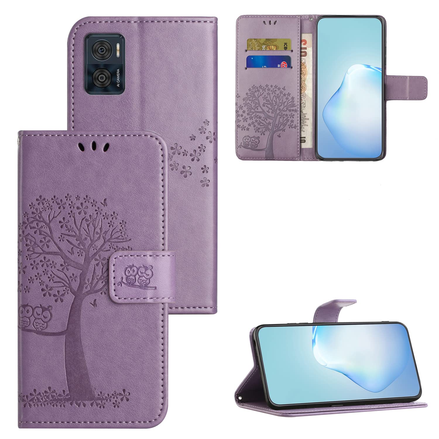 JOMA-E Shop for Motorola Moto E13 4G Case with Screen Protector, Couple Owl PU Leather Wallet Phone Case With Card Slots Magnetic Closure Kickstand Full Protection Cover for Motorola E13 4G (Purple)
