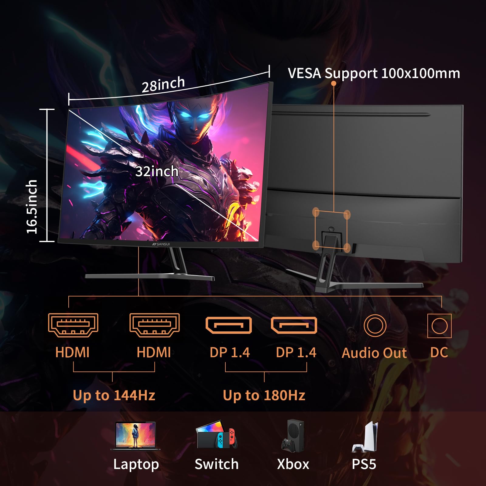 SANSUI 32-Inch Curved Gaming Monitor WQHD 2560 x 1440 180Hz Curved 1500R -Fast VA,1ms(OD), HDR, 300nits, sRGB 125%, DCI-P3 95%, FreeSync, HDMI x2, DP1.4x2(DP Cable Included)