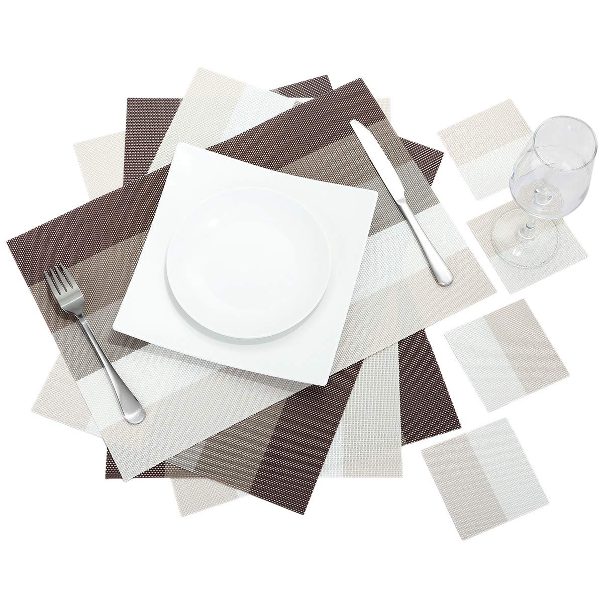 KYEYGWO Washable Placemats and Coasters Sets of 4, Heat Resistant Table Mats PVC Woven Place Mats for Kitchen Table