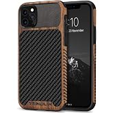 TENDLIN Compatible with iPhone 11 Pro Max Case Wood Grain with Carbon Fiber Texture Design Leather Hybrid Case Black
