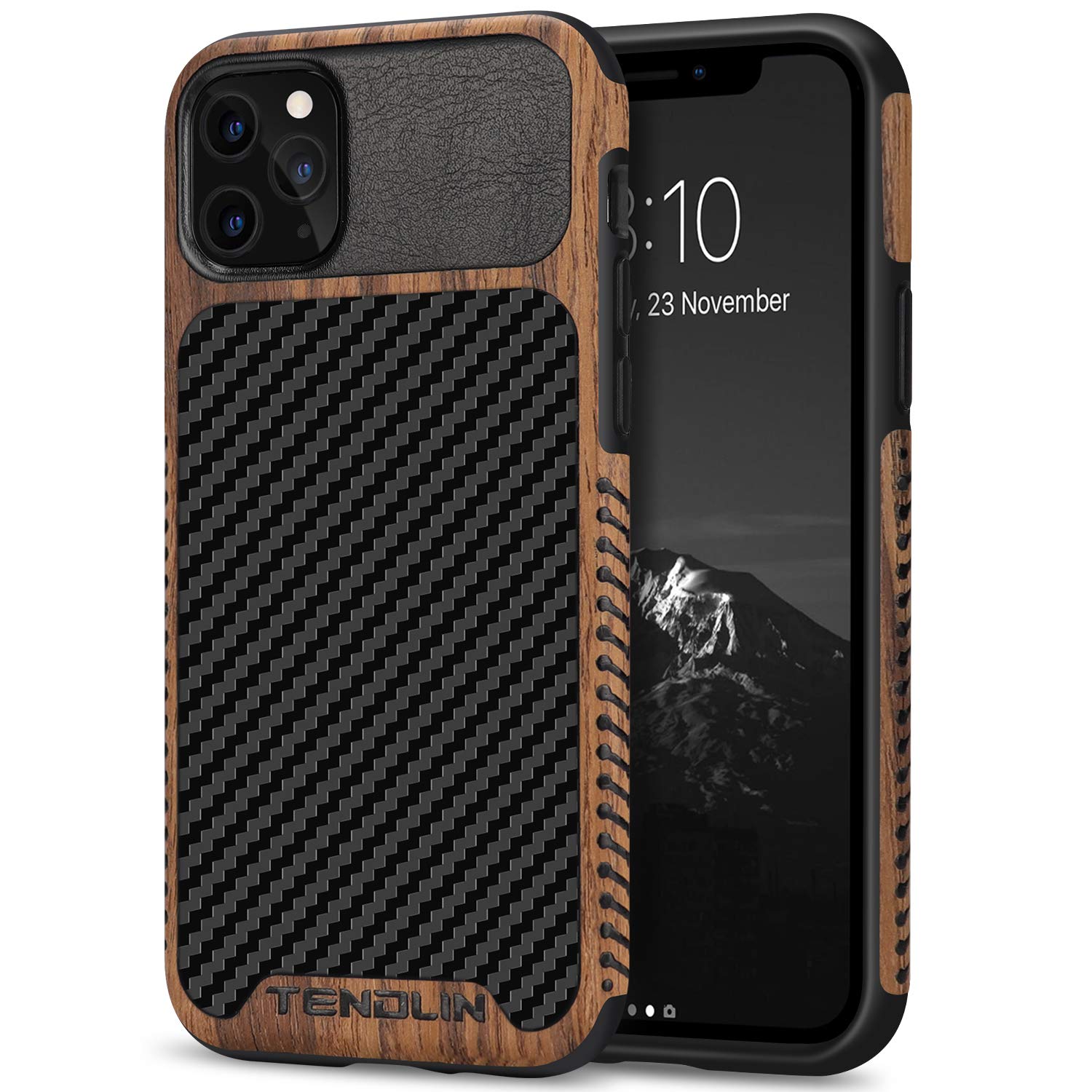 TENDLIN Compatible with iPhone 11 Pro Case Wood Grain with Carbon Fiber Texture Design Leather Hybrid Case Black