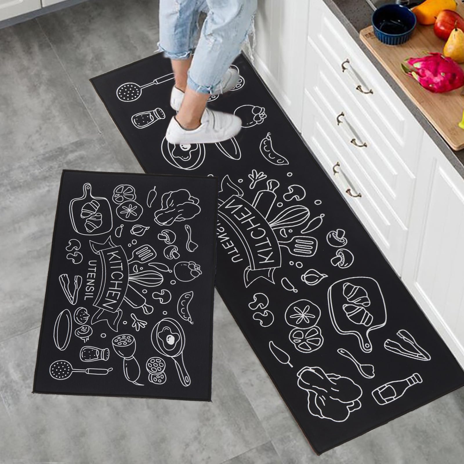 Fecialy Kitchen Rug Set 2 Pieces, Carpet Runner Rugs and Mats Non Slip Washable Kitchen Runner Rug 43x75+43x120CM Floor Mat for Hallway Entryway Laundry Besides