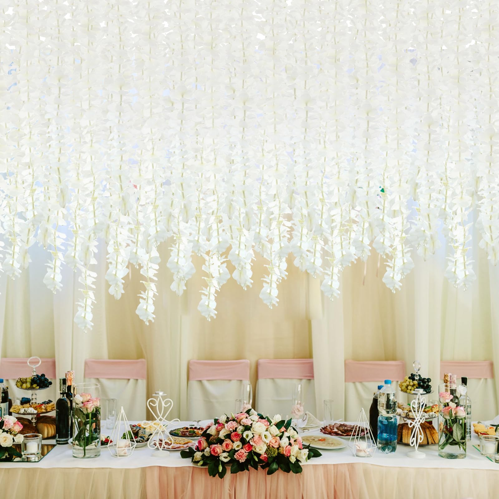 Photo 1 of 20 Pack Artificial Wisteria Hanging Flowers, 3.3ft Artificial Wisteria Vine Ratta String, Milky White Faux Wisteria Silk Flower Garland, Fake Hanging Flowers String for Wedding Party Garden Wall Decor