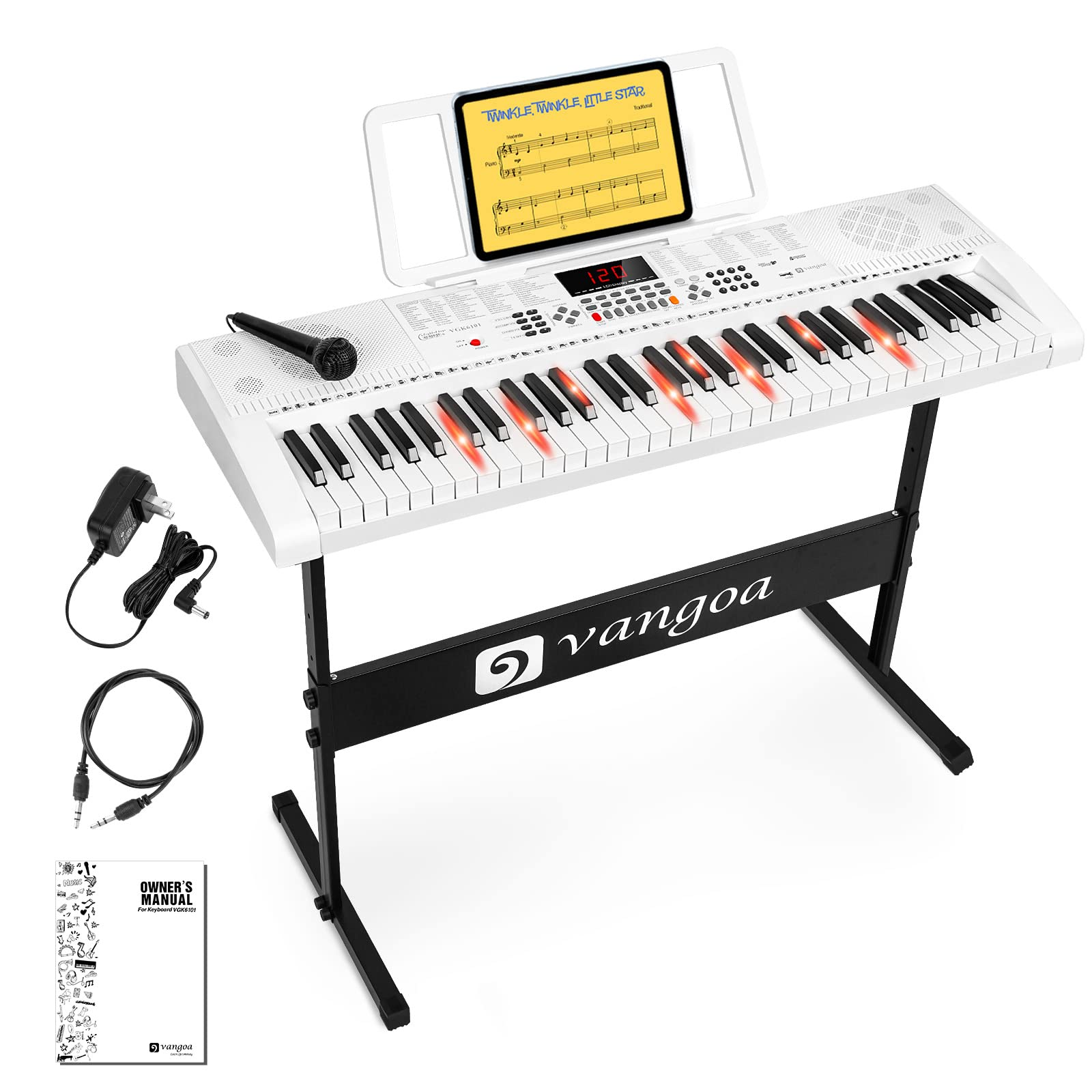 Vangoa Piano Keyboard 61 Lighted Keys Music Electronic Keyboard Piano with Stand, Microphone, 600 timbres, 400 rhythms, 30 demos, White