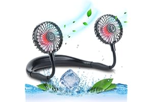 VAGAU Portable Cooling Neck Fan, Rechargeable USB Personal Neck Fan with Colorful LED lights, 360° Rotation, Wearable Neck Fan Air Conditioner for Office Travel Sport, 3 Adjustable Speeds（Black）