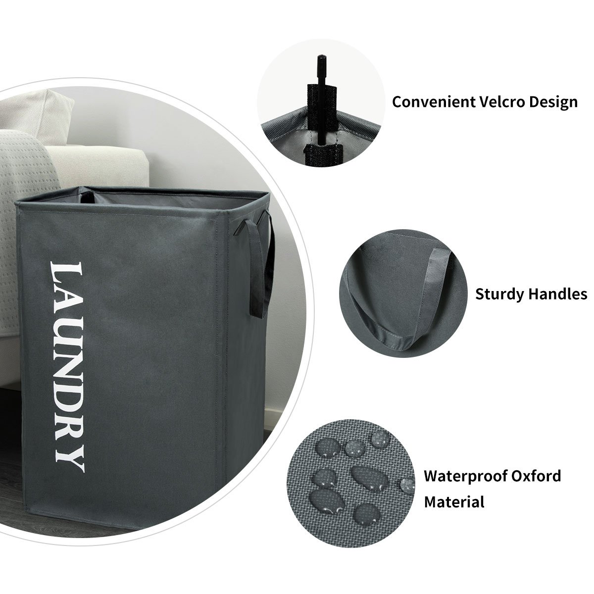 Chrislley Collapsible Laundry Basket with Handles Large Rectangular Laundry Bin 600D Oxford Fabric Waterproof Laundry Hamper 59 * 32 * 39 cm (Gray)