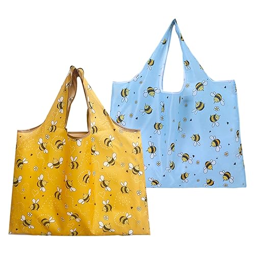 CVFRTT 2 Pieces Foldable Bee Tote Bag, Yellow, Small